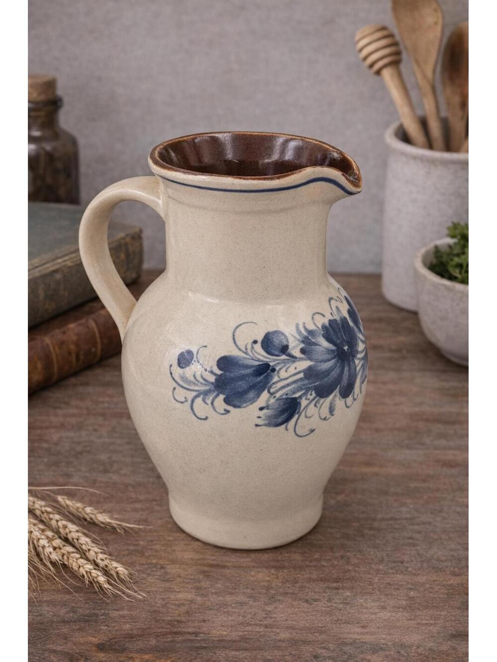 Vintage West German Pottery Pitcher Vase Blue Floral Cream Stoneware